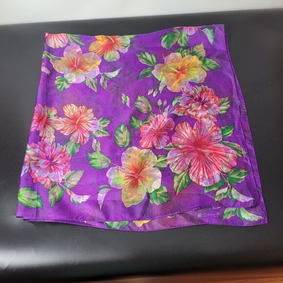 Echo Floral Hibiscus Purple Silk Scarf 34" X 34.75" - Picture 4 of 10